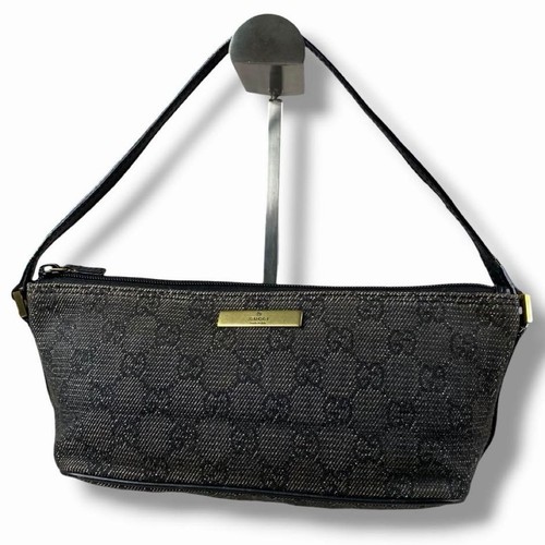 GUCCI 07198 GG Canvas Accessory Pouch Dark Gray Logo Plate Mini Handbag Zip Bag
