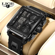 LIGE Sport Watch Men Military Square Big Dial Male Quartz Digital LED Wristwatch