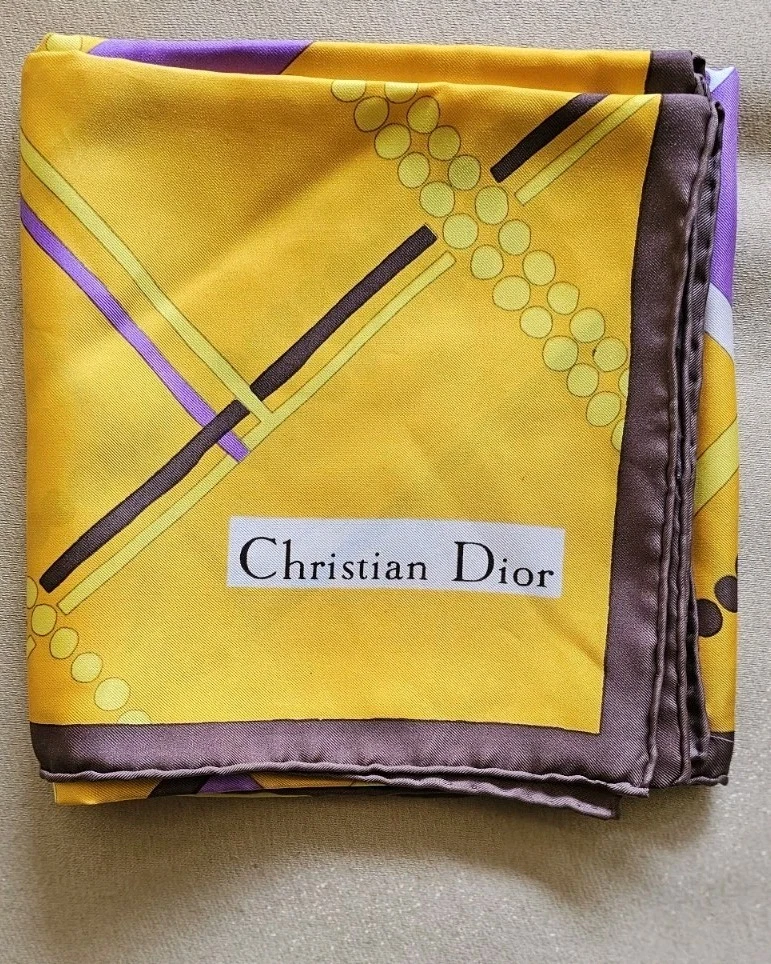 Foulard vintage CHRISTIAN DIOR motif géométrique en soie unique coloré NEUF