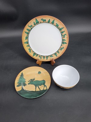 Sakura Evolution Cabin / Cottage Moose Pine Tree Dinner Plate, Salad Plate, Bowl