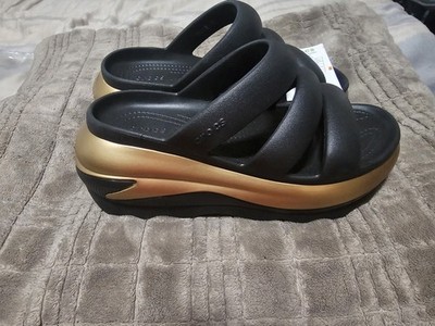 Crocs Mega Crush Metallic Black Gold Triple Strap Sandal Unisex