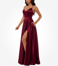 B Darlin Red Satin Prom Dress Long Slit Spaghetti Strap Pockets Size 3/4