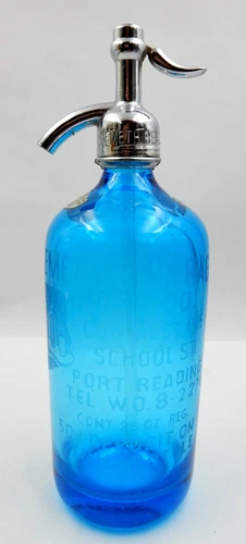 VINTAGE AQUA BLUE NEMETH BEVERAGE DIST. ETCHED SELTZER 26 OZ BOTTLE, NEW JERSEY