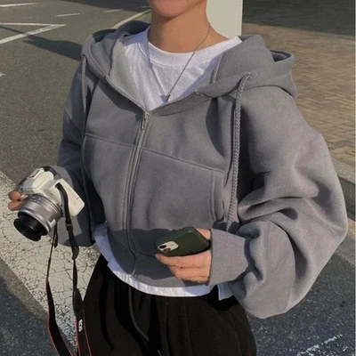 MARKENLOS Herbst/Winter Damen Hoodie Kapuzenjacke Zip-Up Streetwear Casual Y2K Crop Top