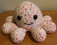 Homemade Crocheted Octopus, 6”  Tall, White With Rainbow Specks.