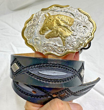 Crumrine Silver Plate Buckle Horse Mare Foal Two Tone Western Belt Black 26