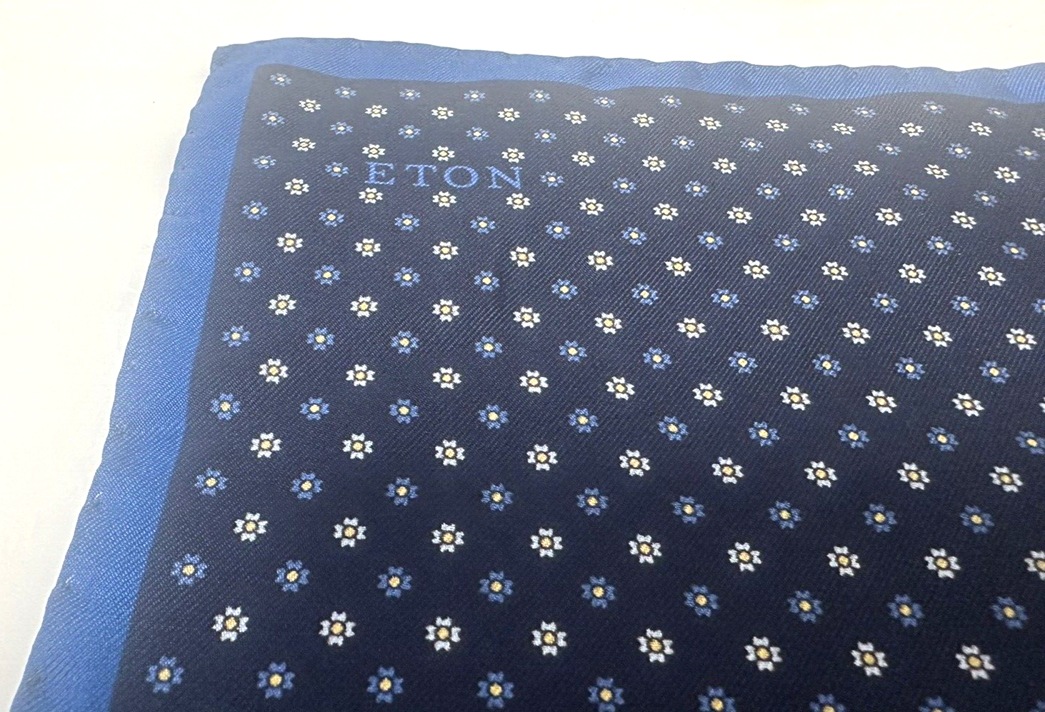 NEW! Eton navy 100% silk pocket square with small floral pattern / blue border