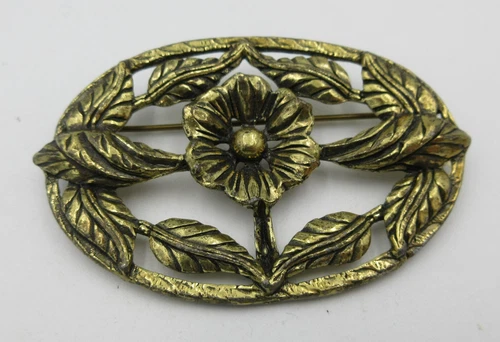 VTG black brushed gold tone metal open work Floral Brooch Pin costume  jewelry