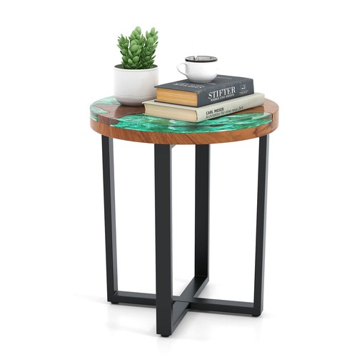 20" Round Teak Wood End Table Solid Live Edge Outdoor Side Table w/Mahogany Base