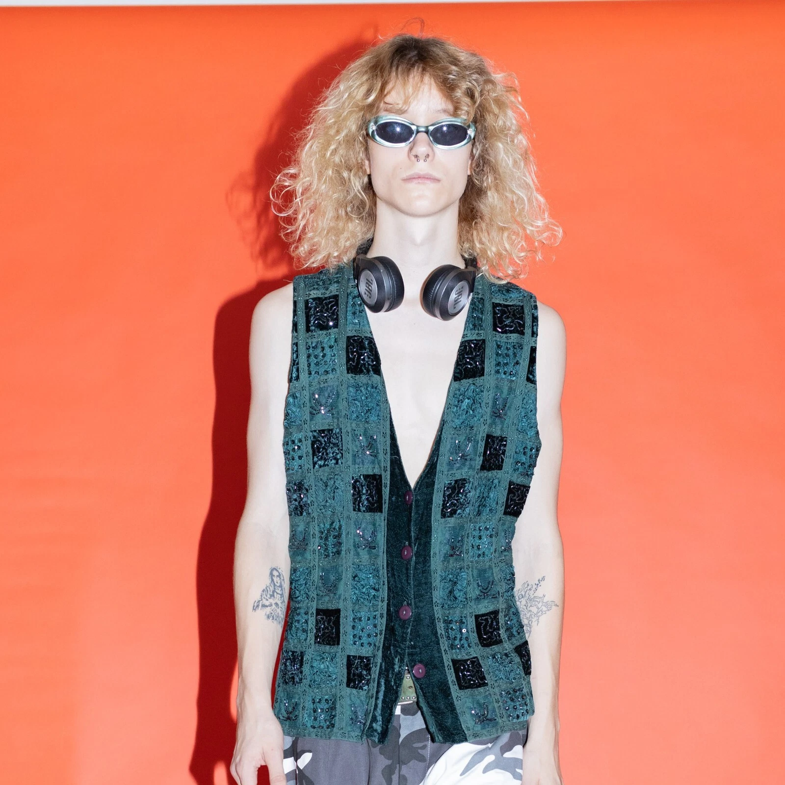 90's Vintage iconic retro beaded patched velvet gilet in emerald green