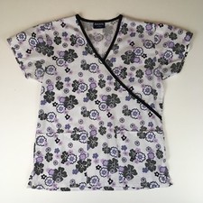 Absolute Scrubs Womens Sz XS Floral Multi Color Faux Wrap Medical Scrub Top