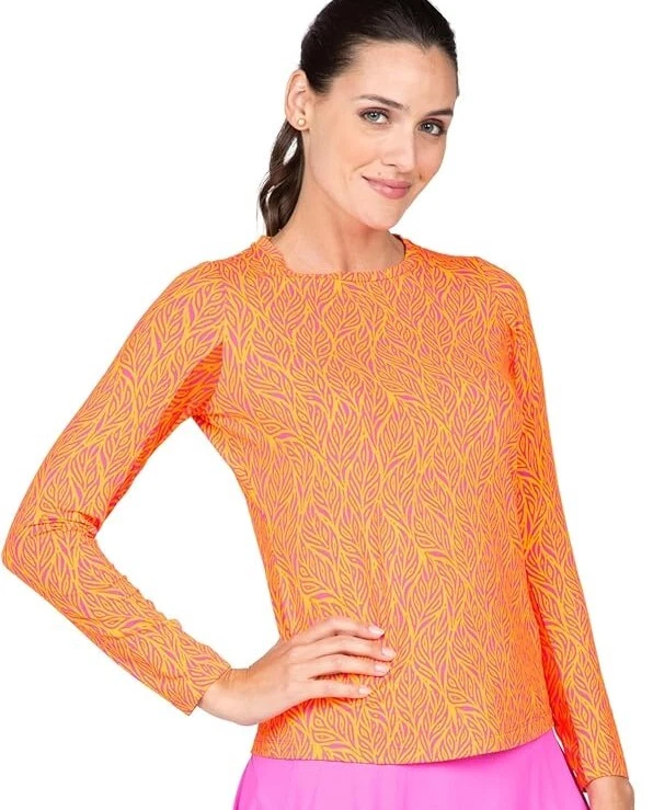 NWT IBKUL SALLY ORANGE PEEL HOT PINK Long Sleeve Crew Golf Shirt S M XL & XXL