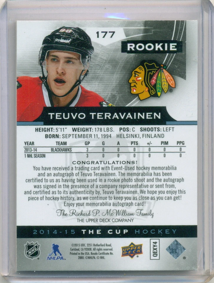 2014-15 Upper Deck THE CUP Rookie Auto Patch SP #177 TEUVO TERAVAINEN RC 11/99 - Image 2 of 2