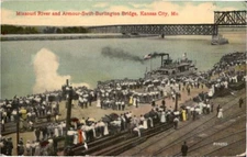 Kansas City Missouri ARMOUR-SWIFT-BURLINGTON BRIDGE STEAMBOATS RAILROAD Postcard