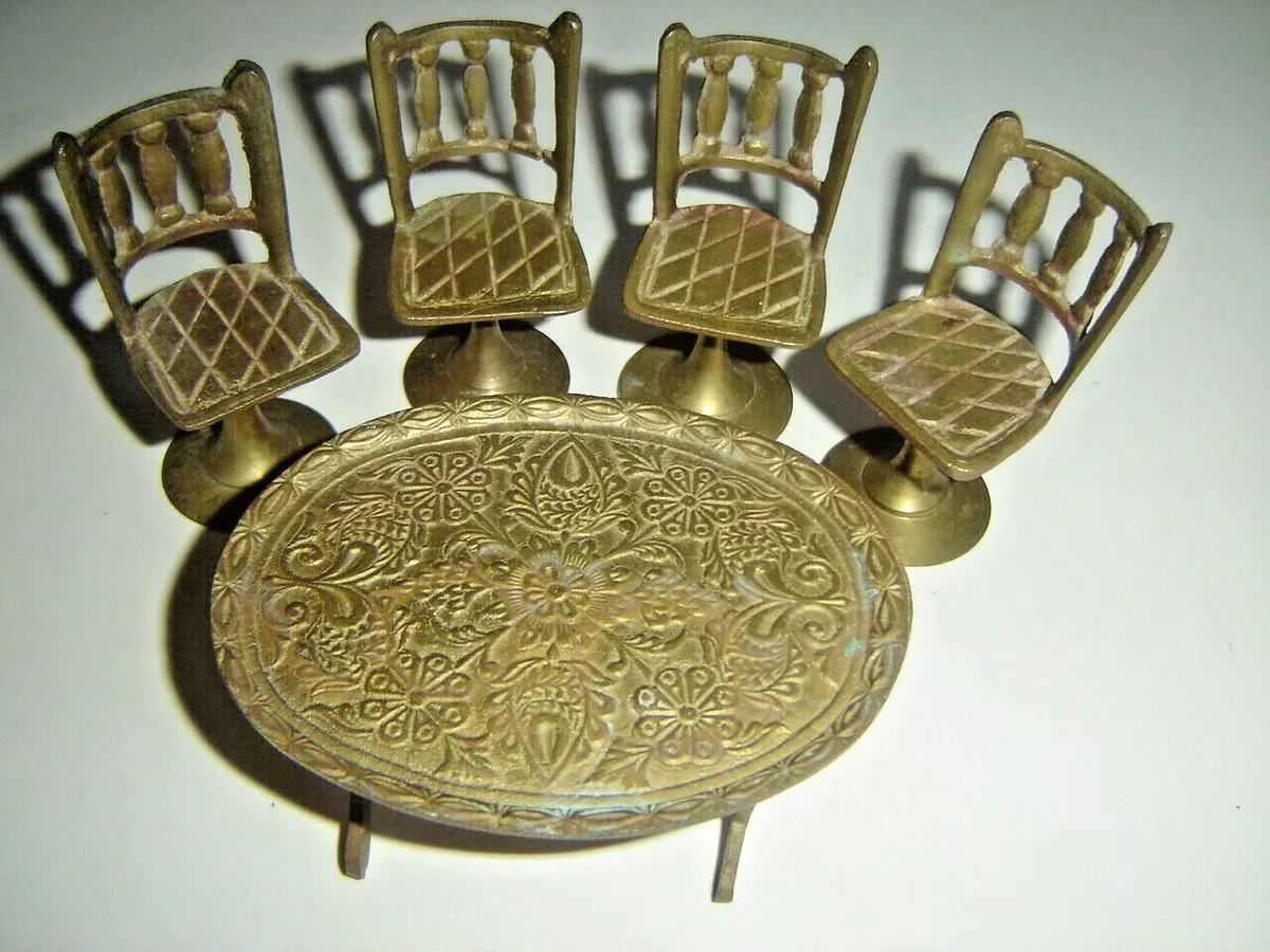DOLLHOUSE FURNITURE BRASS CHAIR AND TABLE SET VINTAGE MINIATURE 5