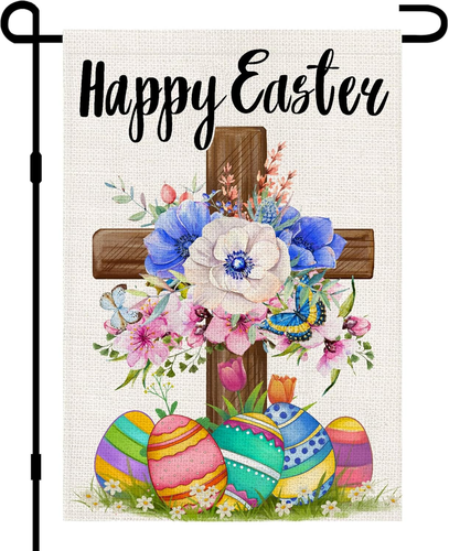 Happy Easter Garden Flag Burlap 12X18 Inch Double Sided Outside, Christian Relig