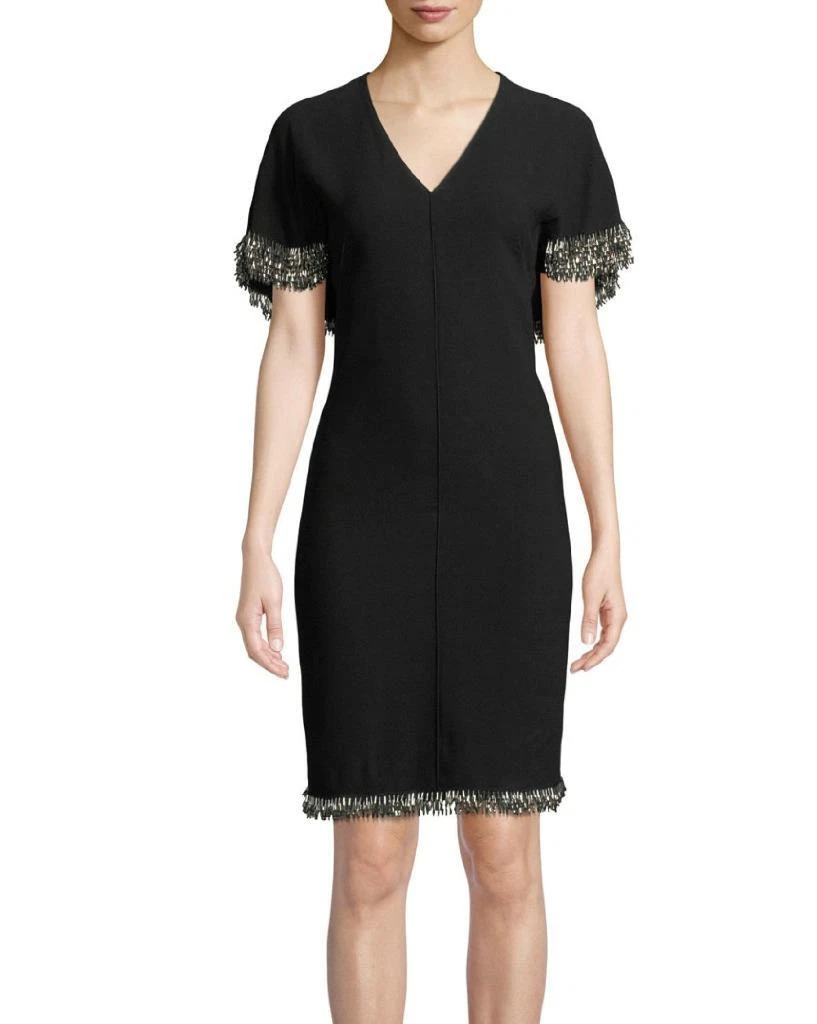 ELIE TAHARI MERCI BLACK BEADED FRINGE TRIMMED CAPE SLEEVE SHEATH DRESS SZ.6 NWT