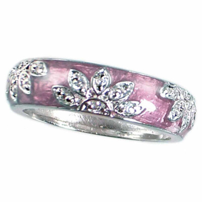 _MAUVE PINK ENAMEL FLORAL CZ BAND RING_SZ-7_925 STERLING SILVER