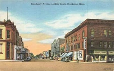 Broadway Avenue Looking South Cars Signs Stores Crookston MN Linen VTG P1129