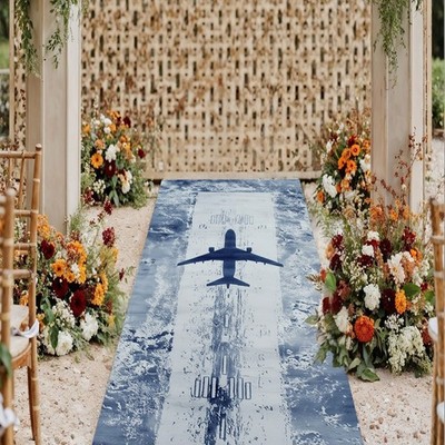 Airplane Runway Rug, Kids Carpet With White Jet , Airplane Long Hallway Play Mat