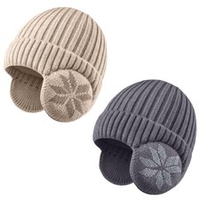 2 Pack Kids Beanie Winter Hat for 3-12 Years Cute Warm Fleece Lined with Ear ...