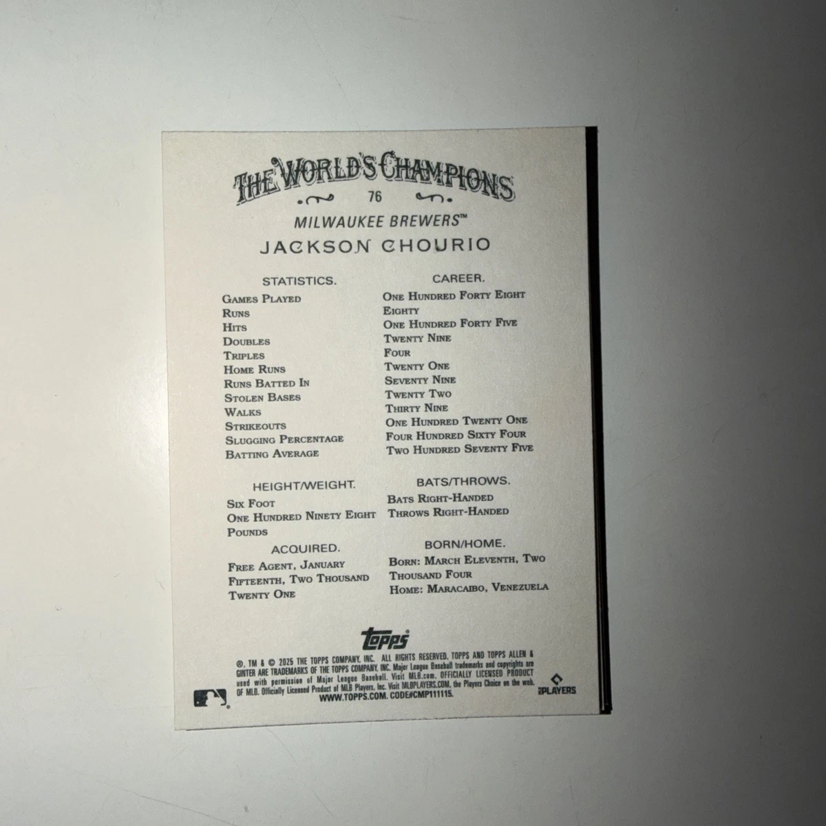 Topps Allen & Ginter MLB No. 2025 Jackson Chourio 76