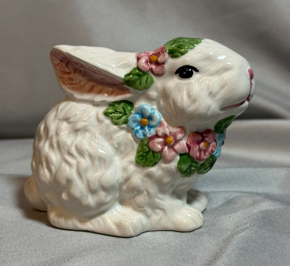 Ceramic Bunny Rabbit Decorative Figurine with Flowers Vintage Collectible