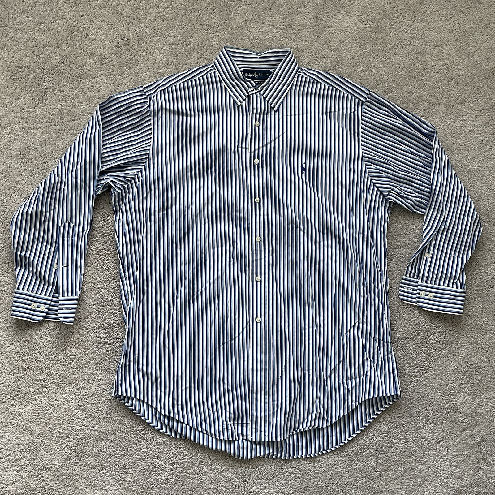 Ralph Lauren Mens Classic Fit Button Down Shirt Blue Stripe 16.5(32/33)