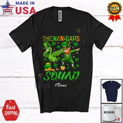 Custom Name Shenanigans Squad; St. Patrick's Day Dabbing Flamingo Shamrock Shirt