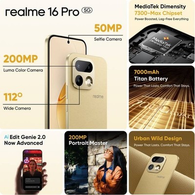realme 16 Pro 5G (Gold, 256GB 12GB RAM) Dimensity 7300 Max Gobal