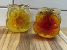 Blenko Glass Handcrafted OWL paperweights AMBER 3” 2017, GOLDEN 3.5” pre 1982