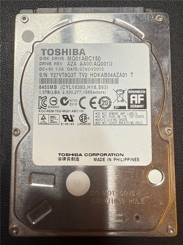 Toshiba, 1,5 TB, MQ01ABC150, AZA AA00/AQ001U, S/N: Y27T8Q3T, SATA HDD