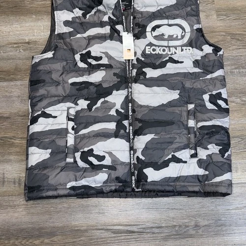 NWT Ecko Unltd. Black Gray Camouflage Hooded Puffer Vest Mens Large Rhino Logo image 6