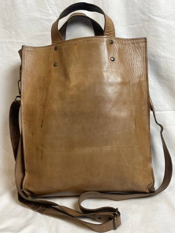 Vtg Handmade Genuine Leather Shoppers Tote Handbag Crossbody Strap Large Sturdy - Image 2 of 4