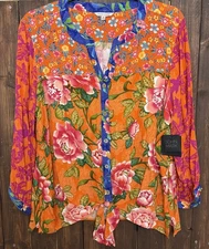 John Mark Plus Top 2X Split V Neck 3/4 sleeve Tie Front Orange Floral NEW $109