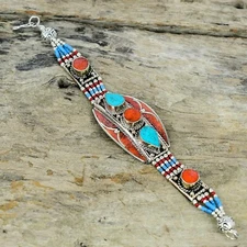 Turquoise & Coral 925 Sterling Silver Tibetan Beads Bracelet, Tribal Jewelry