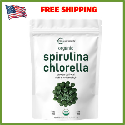 Organic Chlorella Spirulina Tablets / Cracked Cell Wall, Rich in Vegan Protein..