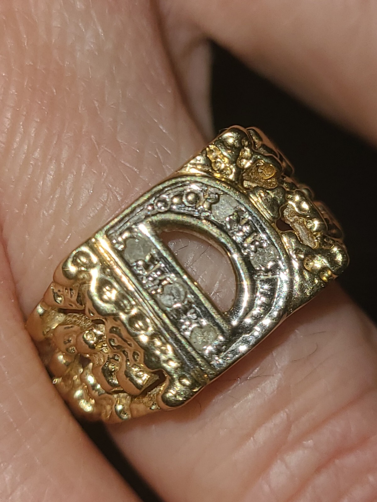 14k Gold Diamond Initial Ring, Solid Gold Nugget … - image 1