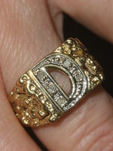 14k Gold Diamond Initial Ring, Solid Gold Nugget Initial Ring, Initial D Ring
