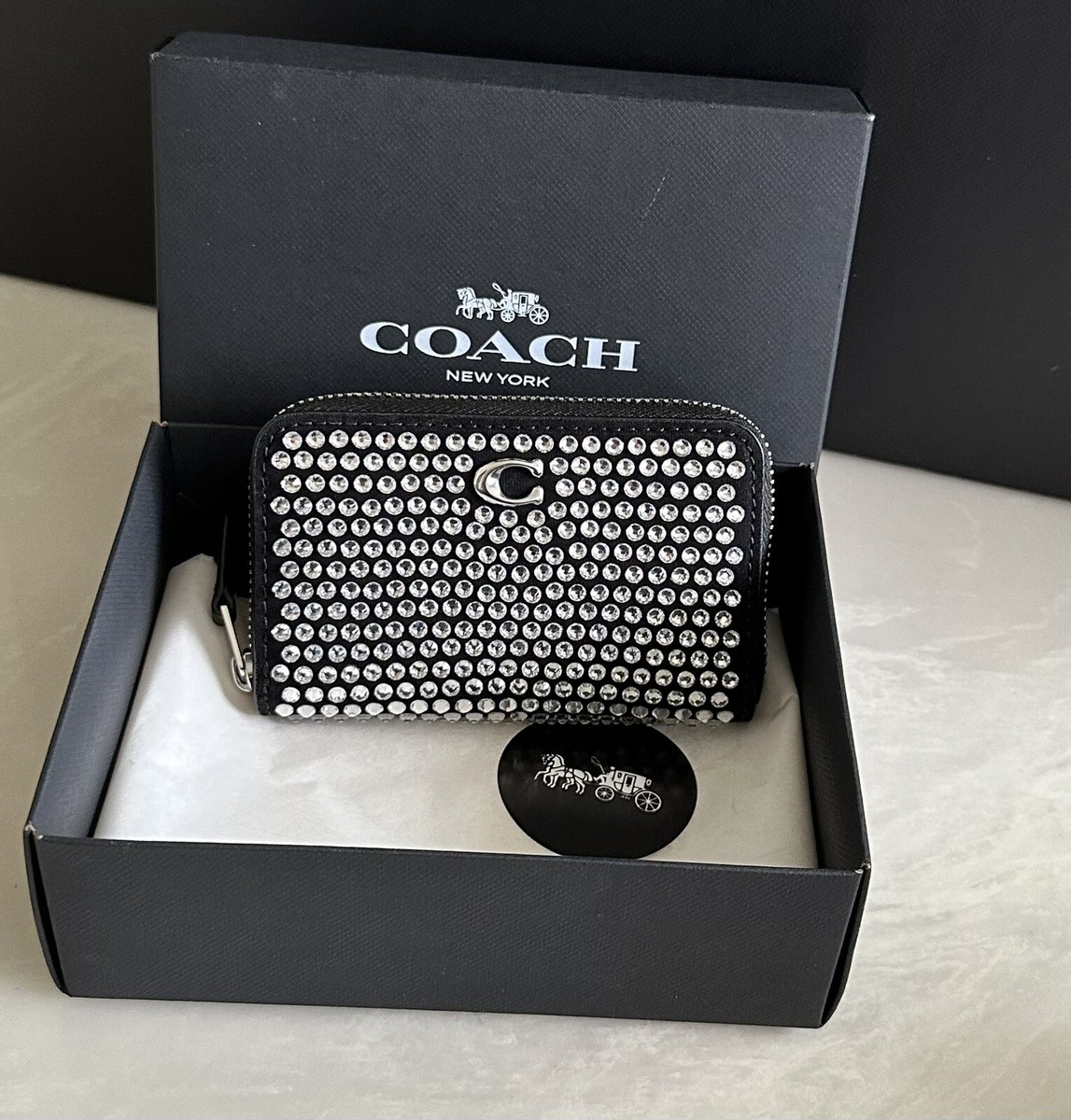 NWT COACH CRYSTAL ZIP CARD CASE BLACK LEATHER CX251 GIFT BOX | eBay