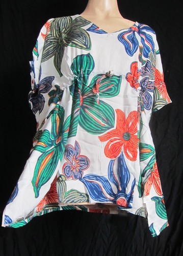 Ladies WHITE/ BLUE PRINT fringed Kaftan Poncho Tunic beach large plus size new - Picture 3 of 4