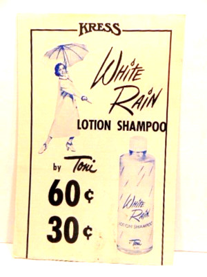 old Kress Dept. store 2-sided cardboard advertising sign - White Rain Shampoo
