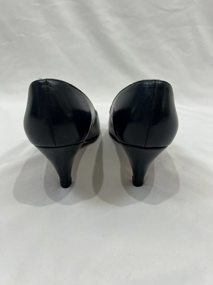 Vtg 80’s Jack Rogers Women's Size 8 S Navy Leather Peep Toe Heels Rosette Flower - Image 4 of 4