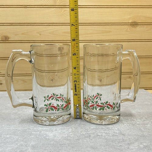 Vintage Libbey Holly Berry Mugs Steins Tall Heavy Gold Trim Christmas Set of 2 - Picture 7 of 7