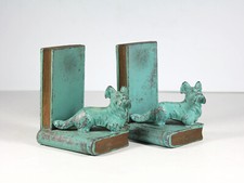 Antique Rare c1920-30's SKYE TERRIER BOOKENDS Spelter Oxidized Bronze Finish Dog