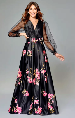 Betsy & Adam Organza-Sleeve Floral Belted Gown Dress Sz 8 C*1721
