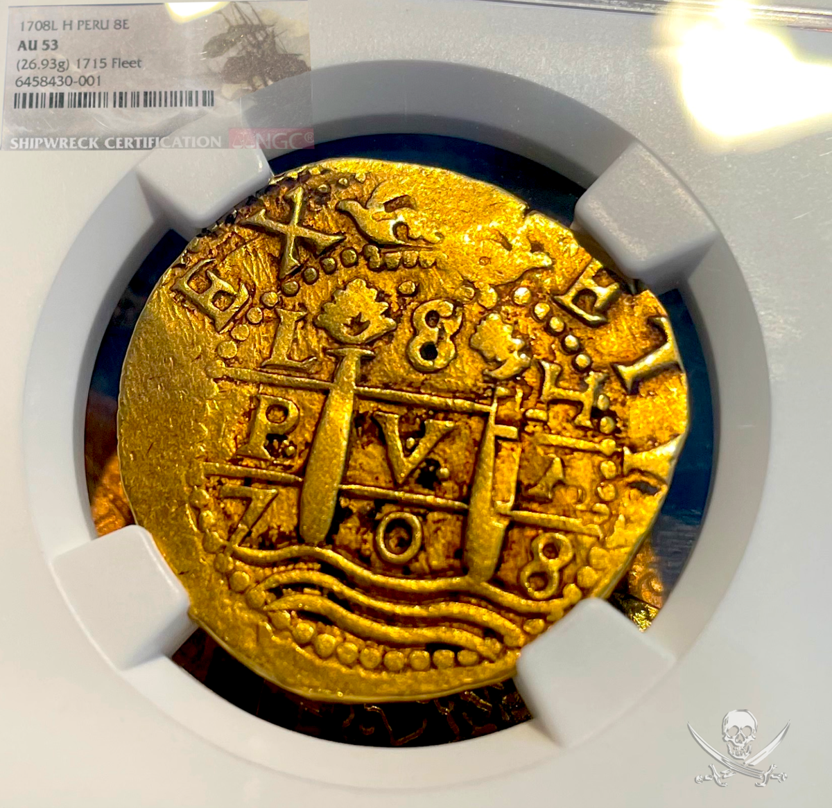 1715 FLEET PERU 1708 (8 ESCUDOS) NGC 53 PIRATE GOLD COINS