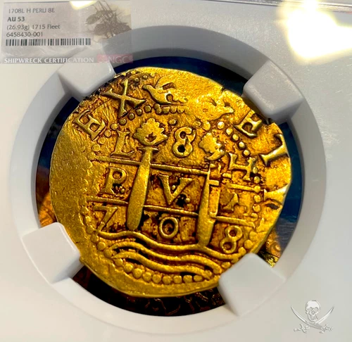 1715 FLEET PERU 1708 (8 ESCUDOS) NGC 53 PIRATE GOLD COINS SHIPWRECK TREASURE