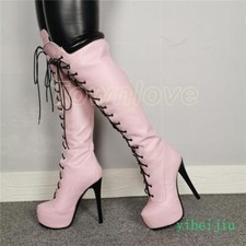 Women's Knee High Boots Platform Round Toe Heels Lace Up Ridding Shoes Nightclub