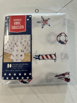 NIP Patriotic Vinyl Tablecloth 60'' x 84'' Oblong Lighthouse Nautical Red White Bl